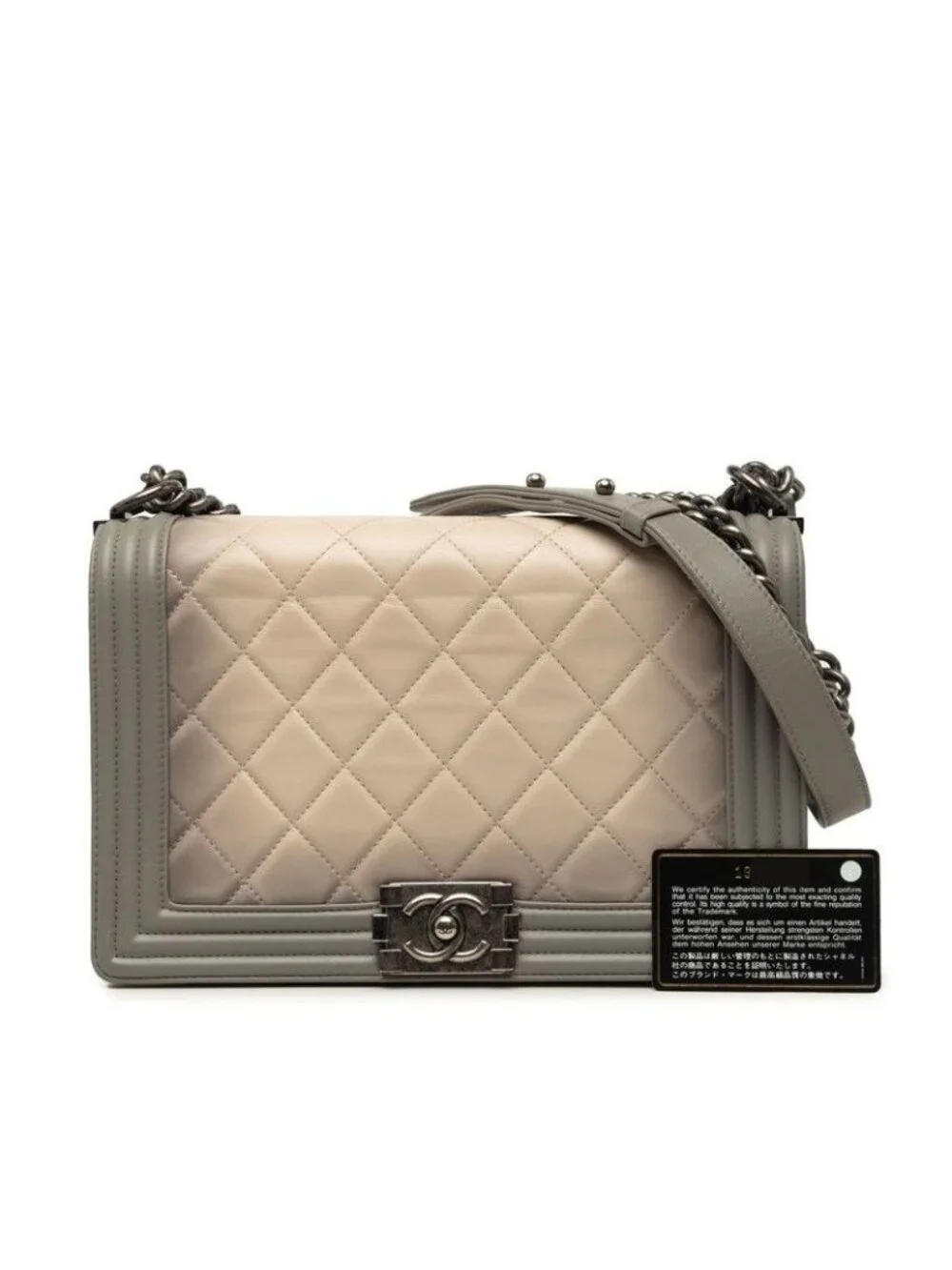 Chanel CC Logo Boy Quilted Chain Shoulder Bag Gray Beige Lambskin